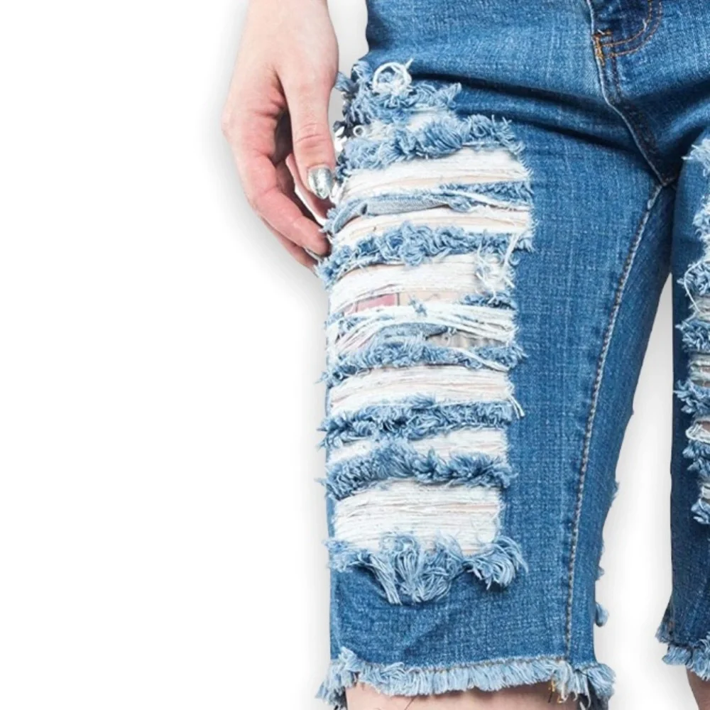 American Bazi Women's Blue Destroyed Denim Distressed Capri Knee Long Shorts